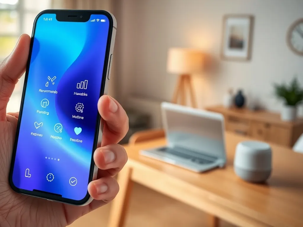 Dłoń trzyma smartfon z kolorowym interfejsem AI, w tle przytulne wnętrze z laptopem i inteligentnym głośnikiem.
