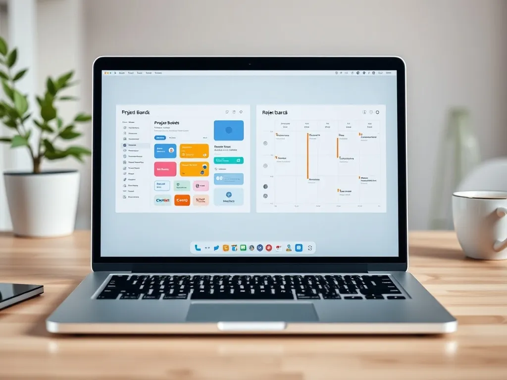 Ekran laptopa z porównaniem kolorowych tablic projektowych w stylu Notion i Trello na minimalistycznym biurku