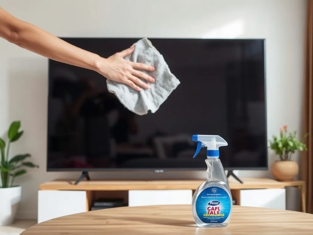 Delikatne czyszczenie ekranu telewizora miękką ściereczką z mikrofibry, bez smug i z bezpiecznie odstawionym środkiem w tle