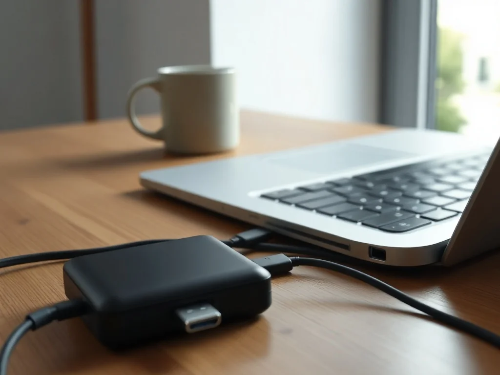 Laptop podłączony kablem USB-C do dużego powerbanka na biurku, ilustrujący mobilne ładowanie i wybór pojemnego modelu.