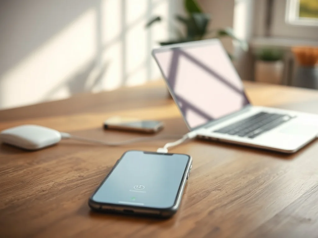 Smartfon udostępniający internet jako hotspot obok laptopa na biurku, ilustrujący połączenie telefonu z komputerem