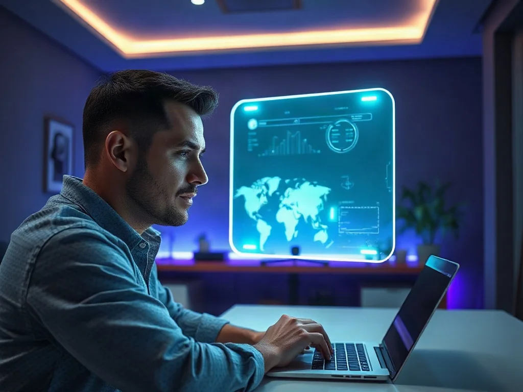 Futurystyczny interfejs holograficzny unoszący się nad biurkiem, symbolizujący nowoczesne technologie systemu Windows 12.