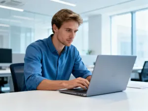 Mężczyzna skupiony na ekranie smartfona w domowym biurze, co ilustruje proces logowania do systemu Mobidziennik.