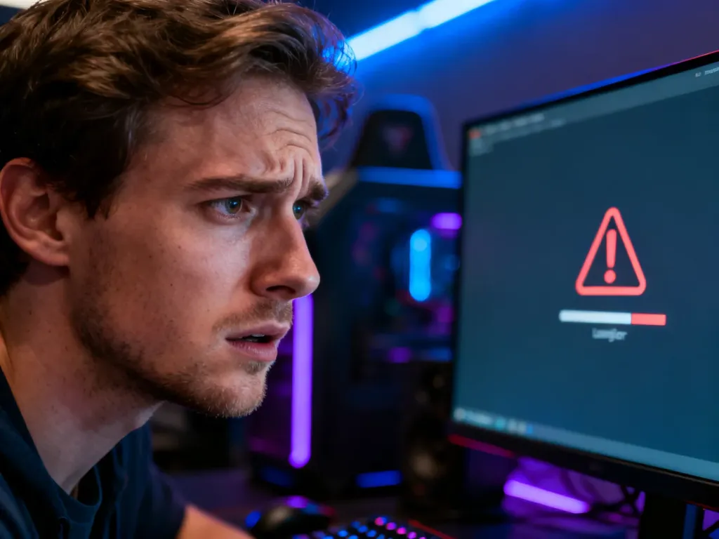 Zirytowany mężczyzna patrzący na ekran komputera z błędem ładowania, symbolizujący problemy z zapisem danych na Steam.