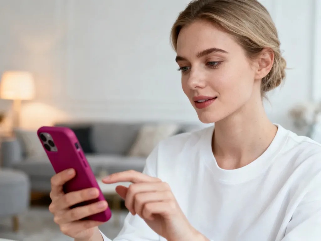 Kobieta robiąca zakupy przez smartfon w przytulnym salonie, co ilustruje wygodę płatności odroczonych Klarna.