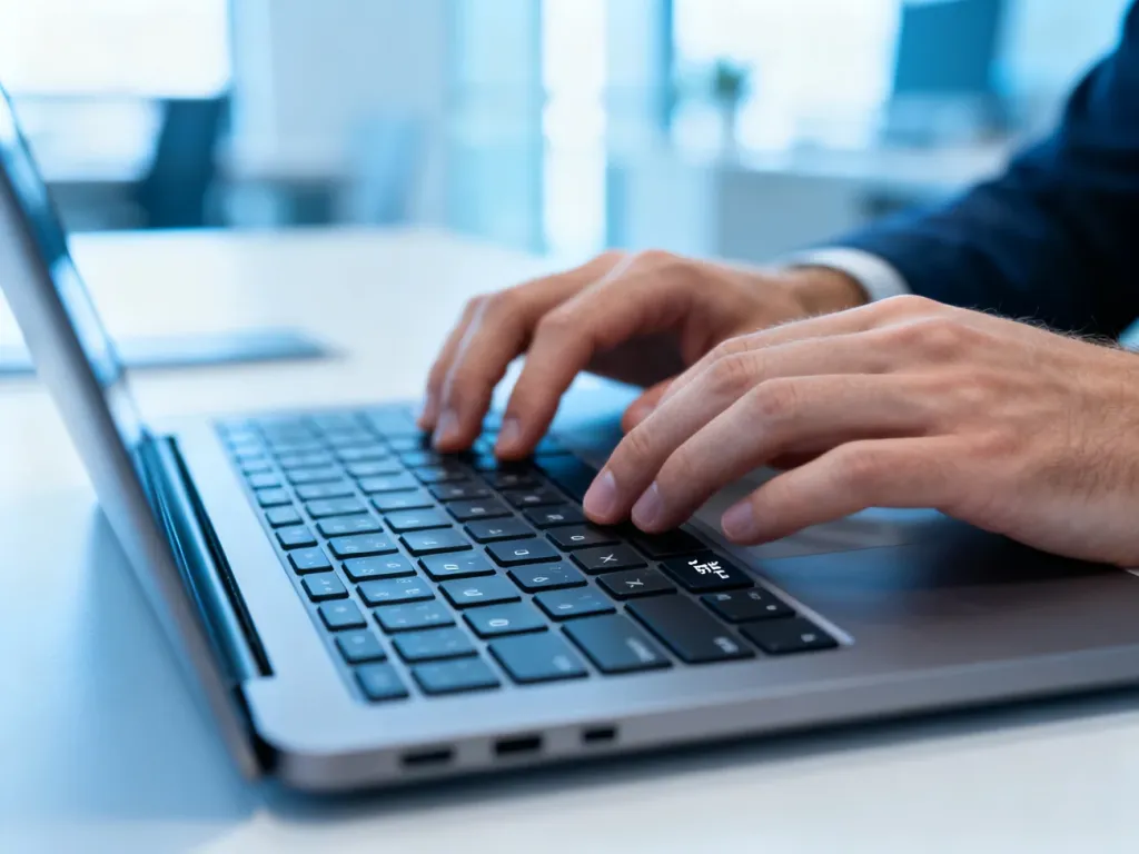 Dłoń pracownika biurowego pisząca na klawiaturze laptopa w nowoczesnym biurze.