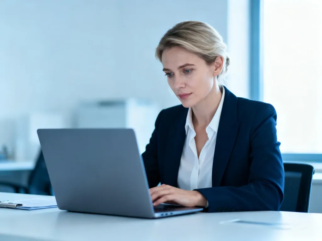Kobieta pracująca przy laptopie w nowoczesnym biurze, symbolizująca sprawne zarządzanie czasem i pracą zdalną.