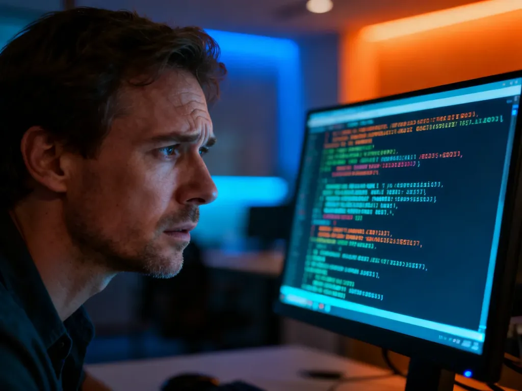 Zirytowany mężczyzna przed monitorem z błędem systemowym w biurze, ilustrujący problemy z instalacją oprogramowania.