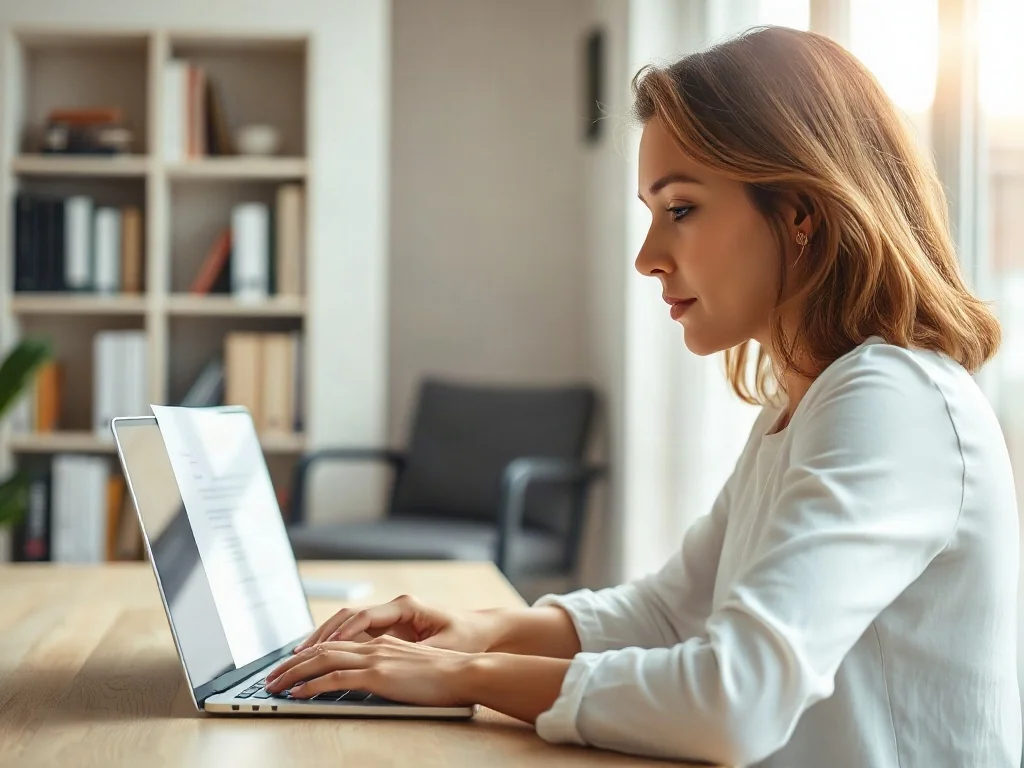 Kobieta pracująca na laptopie w jasnym biurze, przeglądająca dokument w nowoczesnym interfejsie programu.