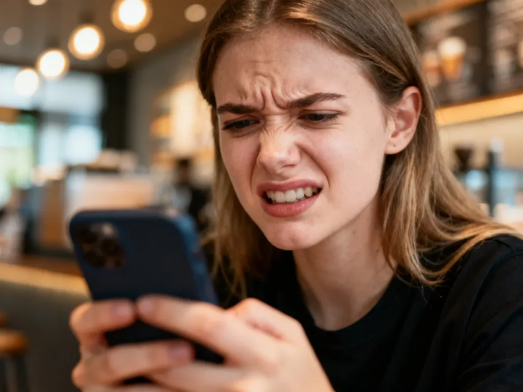Młoda kobieta z zażenowaną miną patrzy na smartfon, ilustrując znaczenie słowa „krindż”.