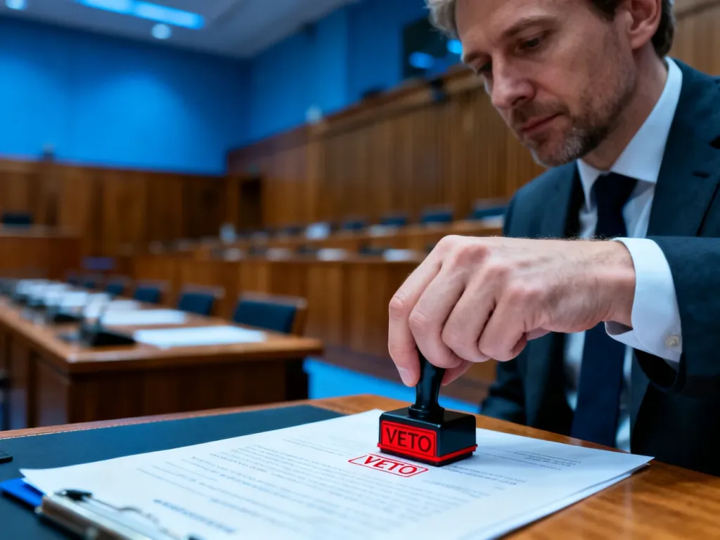 Mężczyzna w garniturze przybija czerwoną pieczątkę „VETO” na dokumencie w sali przypominającej parlament lub sąd.