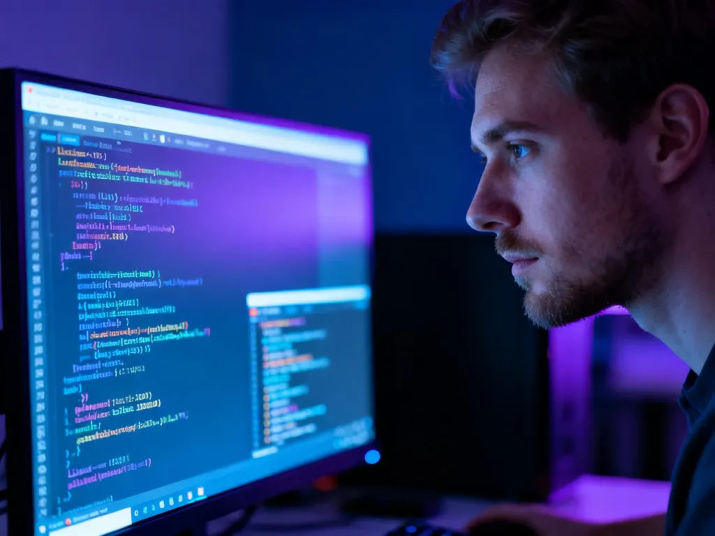 Programista skupiony na pracy przy terminalu Linux w nowoczesnym biurze z oświetleniem w odcieniach niebieskiego i fioletu.