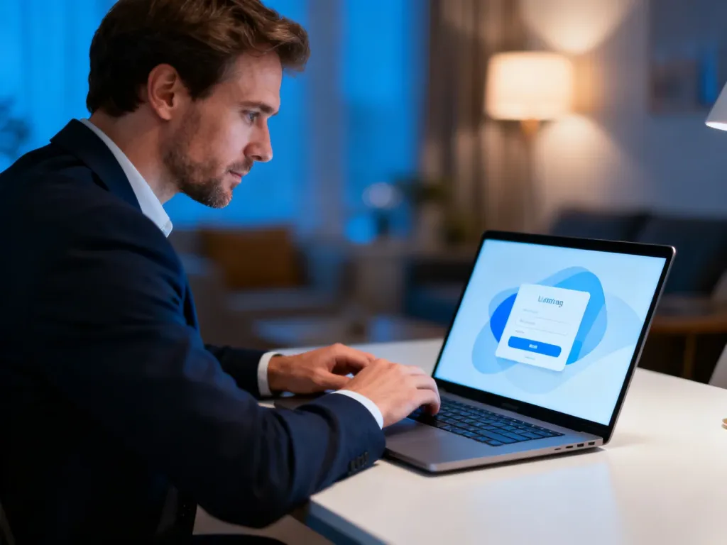 Mężczyzna przy laptopie z widocznym interfejsem logowania w nowoczesnym domowym biurze.