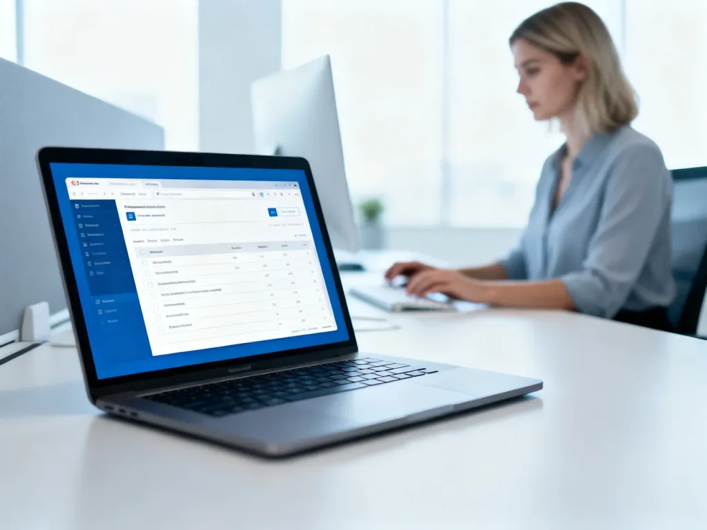 Nowoczesne stanowisko pracy z laptopem wyświetlającym skrzynkę odbiorczą e-mail, ułatwiające konfigurację zwrotki w Outlook.