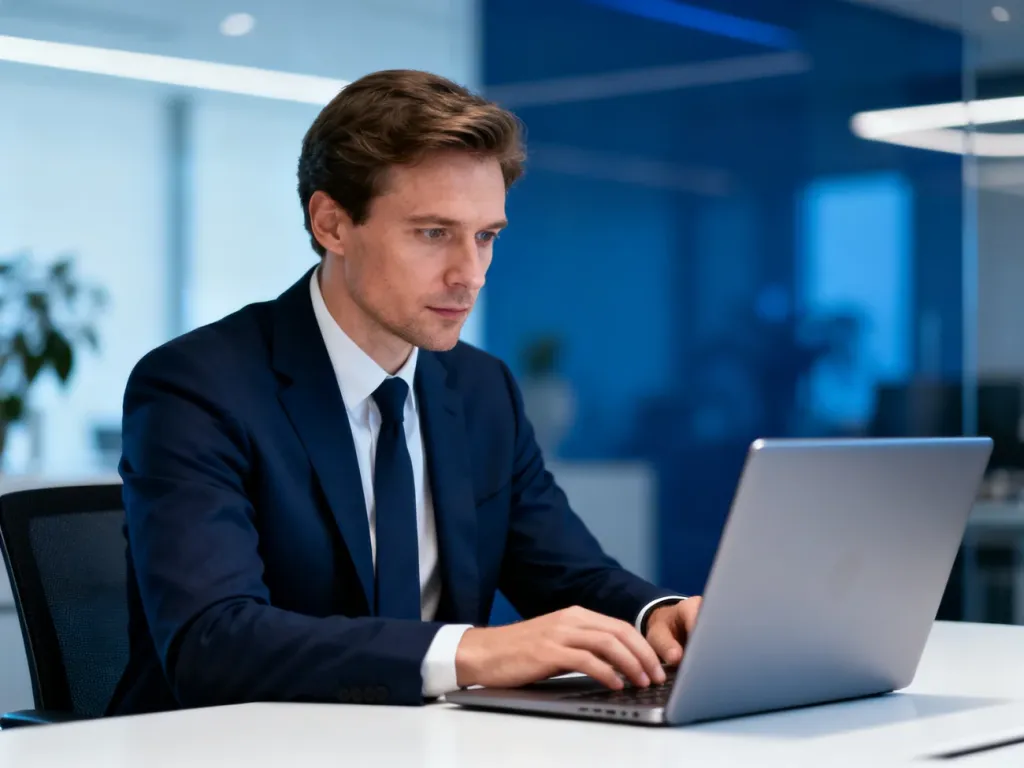 Profesjonalista skupiony na pracy przy laptopie w nowoczesnym biurze, co ilustruje proces logowania do platformy PZU Everest.