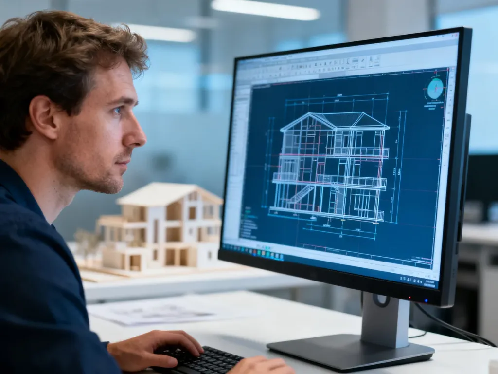 Architekt pracujący przy komputerze nad skomplikowanym projektem CAD w profesjonalnym biurze.