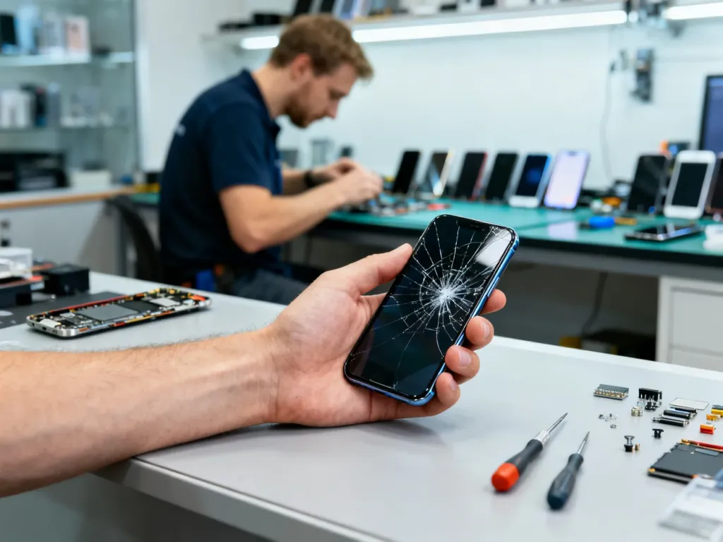 Pęknięty ekran smartfona na ladzie serwisu, w tle technik naprawiający telefony w poznańskim punkcie usługowym