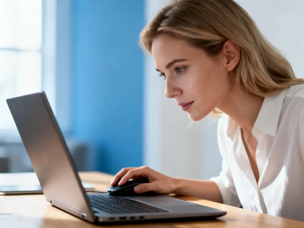 Kobieta pracująca przy laptopie w nowoczesnym biurze domowym, skupiona na obsłudze panelu użytkownika.