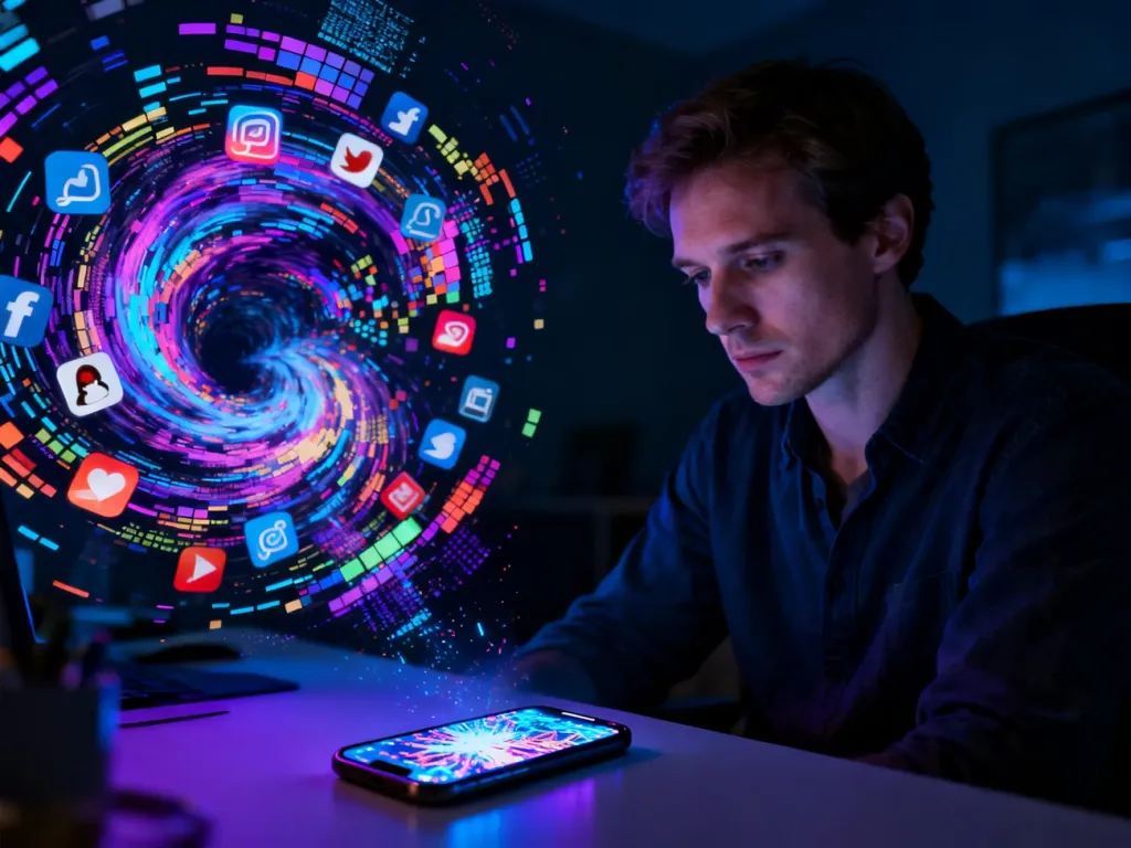 Mężczyzna wpatrzony w smartfon otoczony chaotycznym wirującym cyfrowym szumem, symbolizującym zjawisko brainrot.