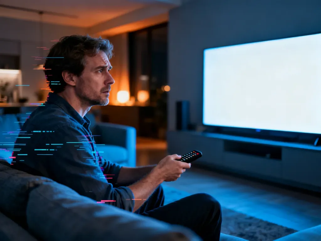 Zirytowany mężczyzna przed wyłączonym telewizorem, ilustrujący problem z połączeniem sieciowym w serwisie Netflix.
