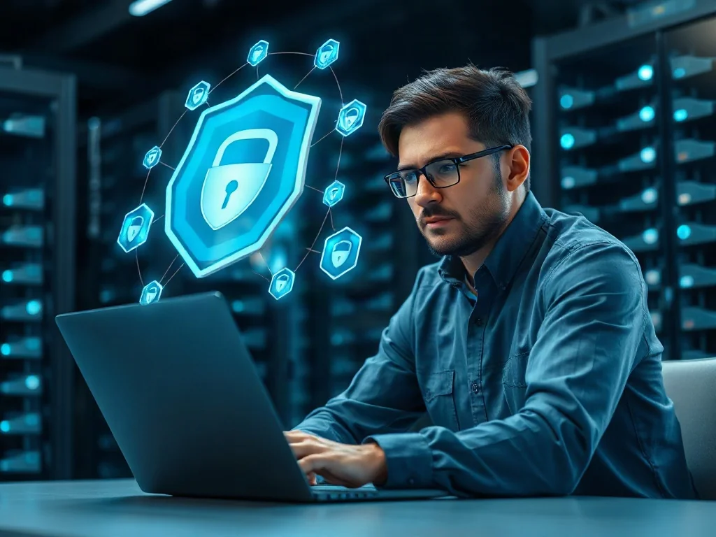 Analityk cyberbezpieczeństwa analizujący cyfrowe zabezpieczenia i dane na tle nowoczesnej serwerowni.