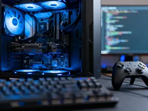 Profesjonalista skupiony na pracy przy laptopie w nowoczesnym biurze, co ilustruje proces logowania do platformy PZU Everest.