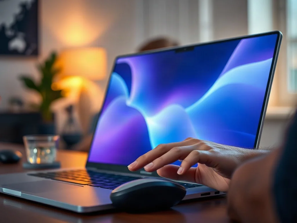 Mężczyzna korzystający z nowoczesnego laptopa z podświetlanym interfejsem, podkreślającym zaawansowaną technologię systemu.
