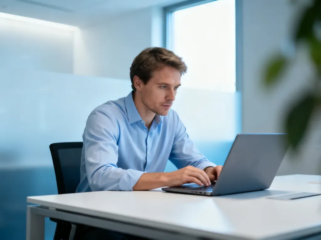 Mężczyzna w nowoczesnym biurze skupiony na pracy przy laptopie, co symbolizuje proces logowania do Microsoft 365.