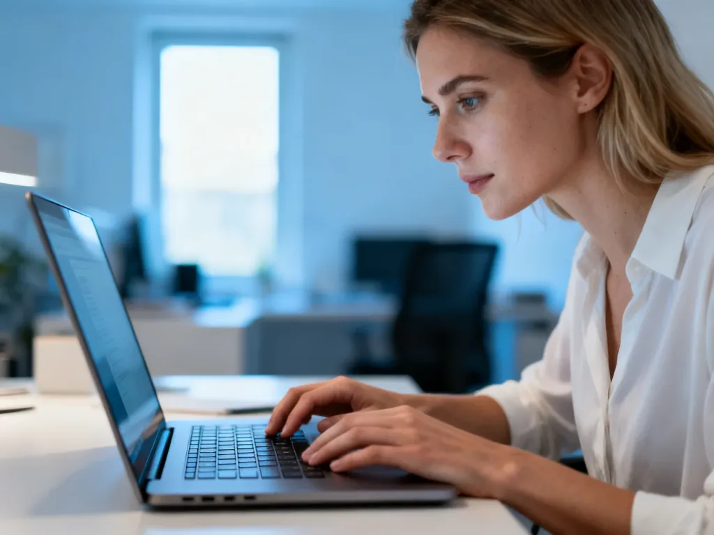 Kobieta pracująca przy laptopie w nowoczesnym biurze, skupiona na procesie logowania do systemu.