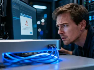 Młoda kobieta z zażenowaną miną patrzy na smartfon, ilustrując znaczenie słowa „krindż”.