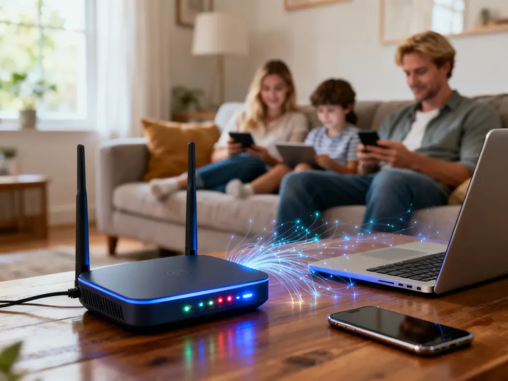 Nowoczesny router Wi‑Fi w salonie we Wrocławiu, zapewniający szybki internet dla całej rodziny, no text on the picture