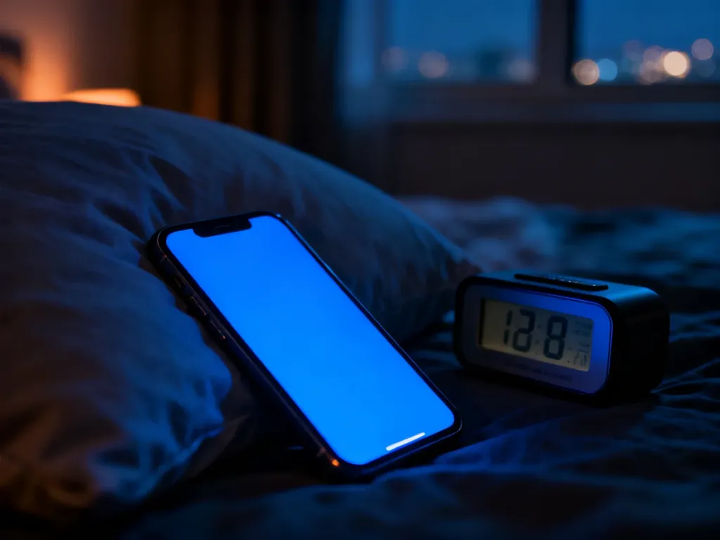 Smartfon emitujący niebieskie światło przy łóżku w nocy, podkreślający wpływ ekranów na sen, no text on the picture