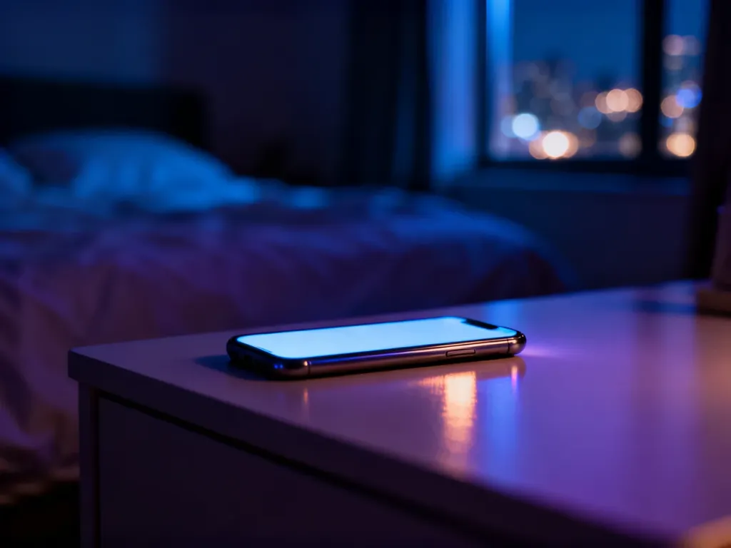 Nowoczesny smartfon świecący na stoliku nocnym w ciemnej sypialni, nocne światła miasta za oknem, no text on the picture