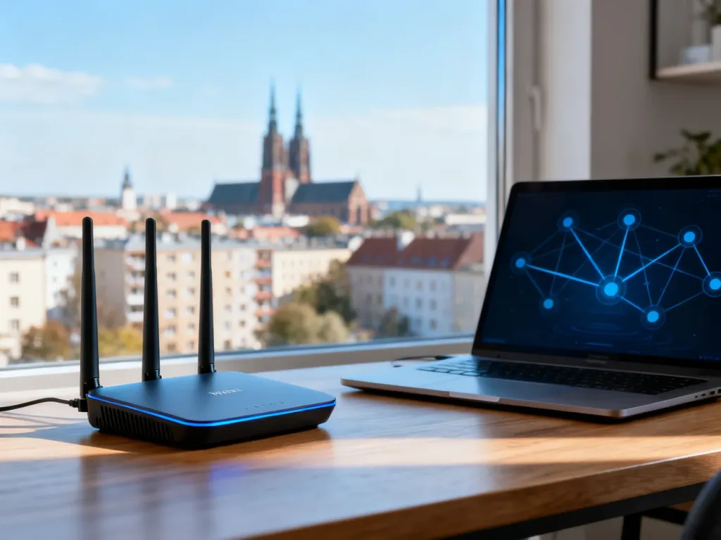 Nowoczesny domowy gabinet z routerem Wi‑Fi i laptopem, w tle panorama Wrocławia, symbol wyboru ofert internetu no text on the picture
