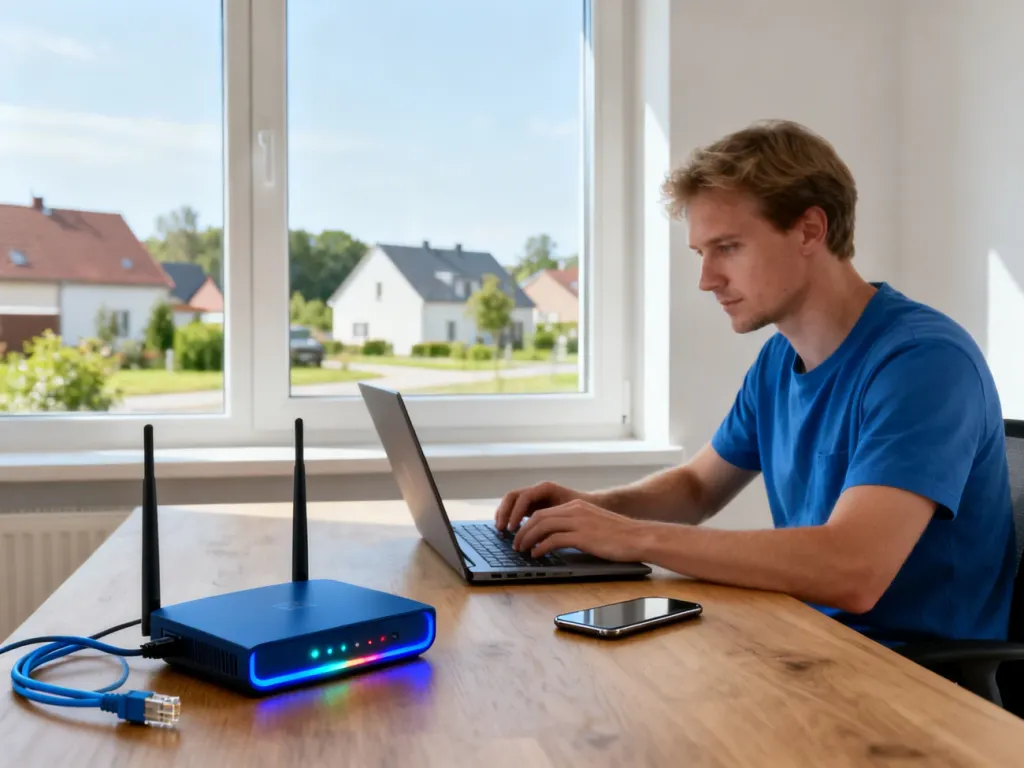 Mężczyzna pracuje przy laptopie w domowym biurze, obok router Wi‑Fi i kabel, w tle spokojne osiedle na Pomorzu, no text on the picture