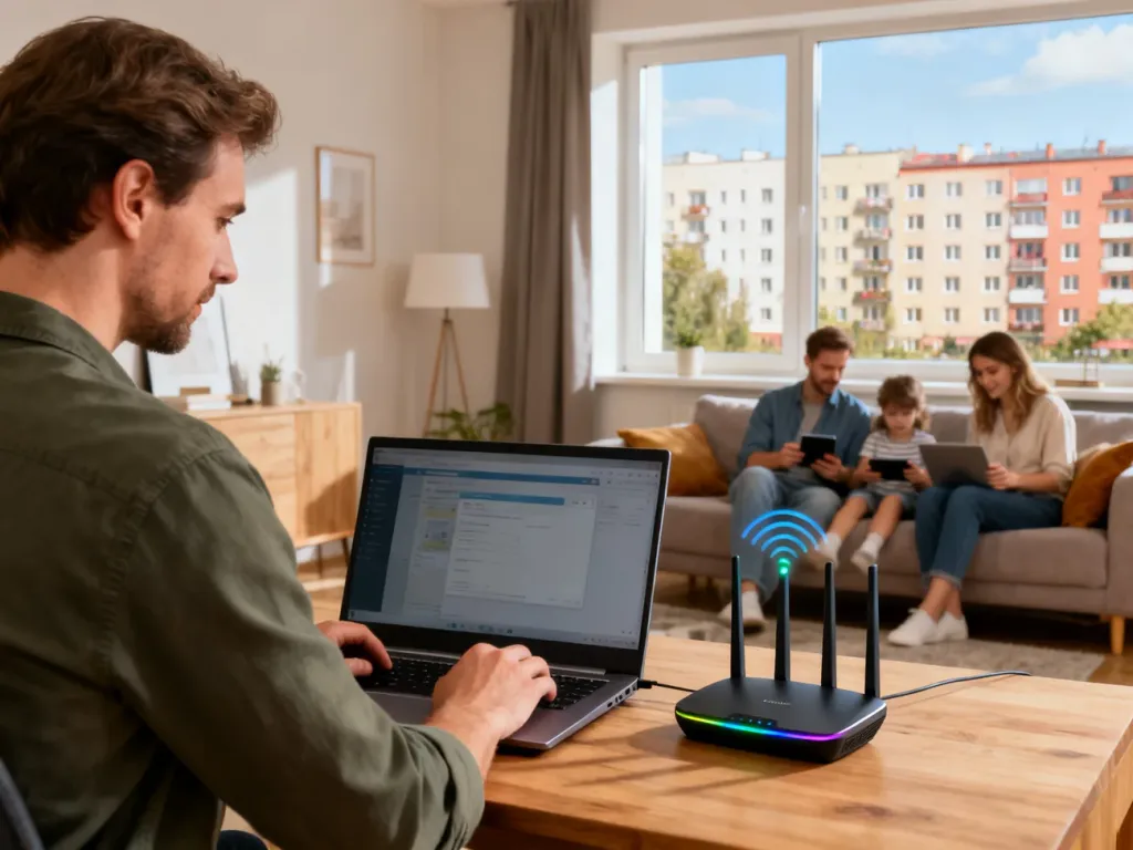 Mężczyzna przy biurku sprawdza nowoczesny router Wi‑Fi, w tle rodzina korzysta z internetu w mieszkaniu w Sosnowcu, no text on the picture