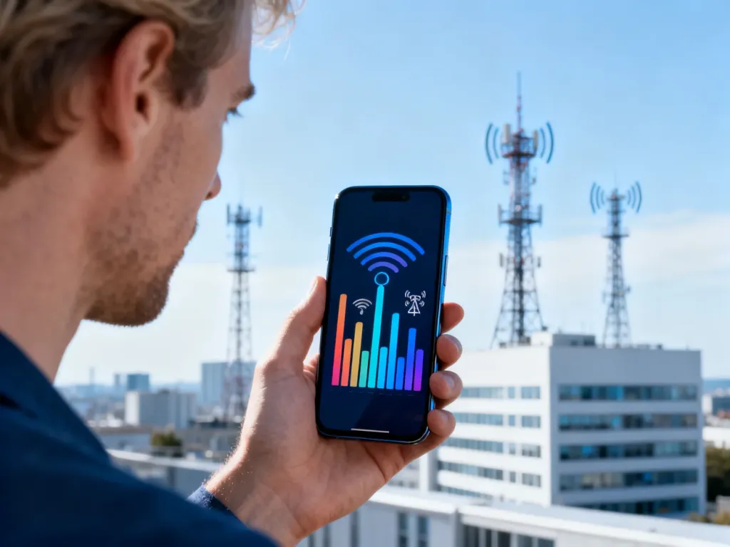Smartfon z kolorowymi ikonami sieci na tle miasta z masztami komórkowymi, symbol zasięgu sieci w Polsce, no text on the picture