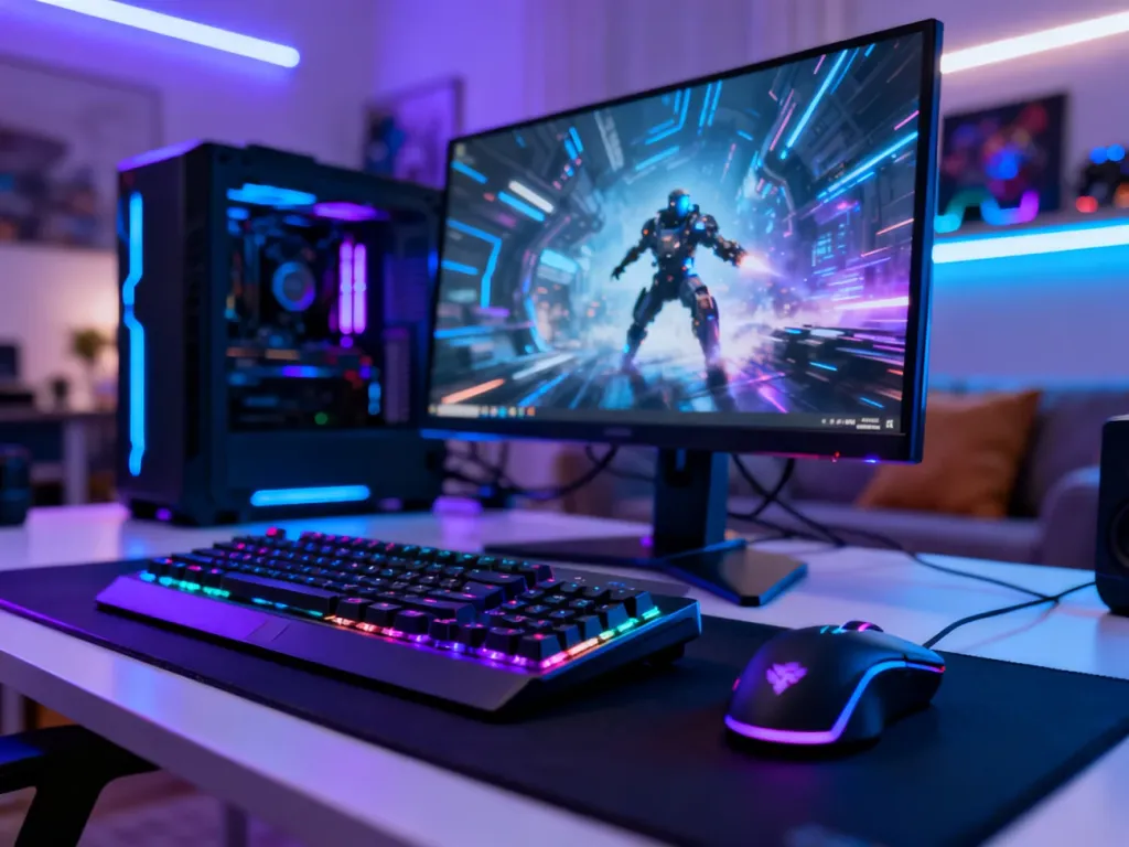 Nowoczesne stanowisko gamingowe RGB z futurystyczną grą sci‑fi na monitorze, w tle nastrojowy pokój gracza, no text on the picture