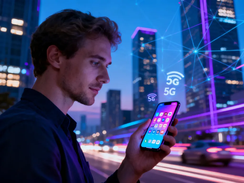 Mężczyzna z smartfonem na miejskiej ulicy, otoczony ikonami 5G i sieci, symbolizuje szybki internet mobilny; no text on the picture