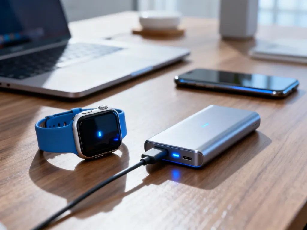 Smartwatch ładowany kompaktowym powerbankiem na biurku, w tle rozmyte akcesoria tech, no text on the picture