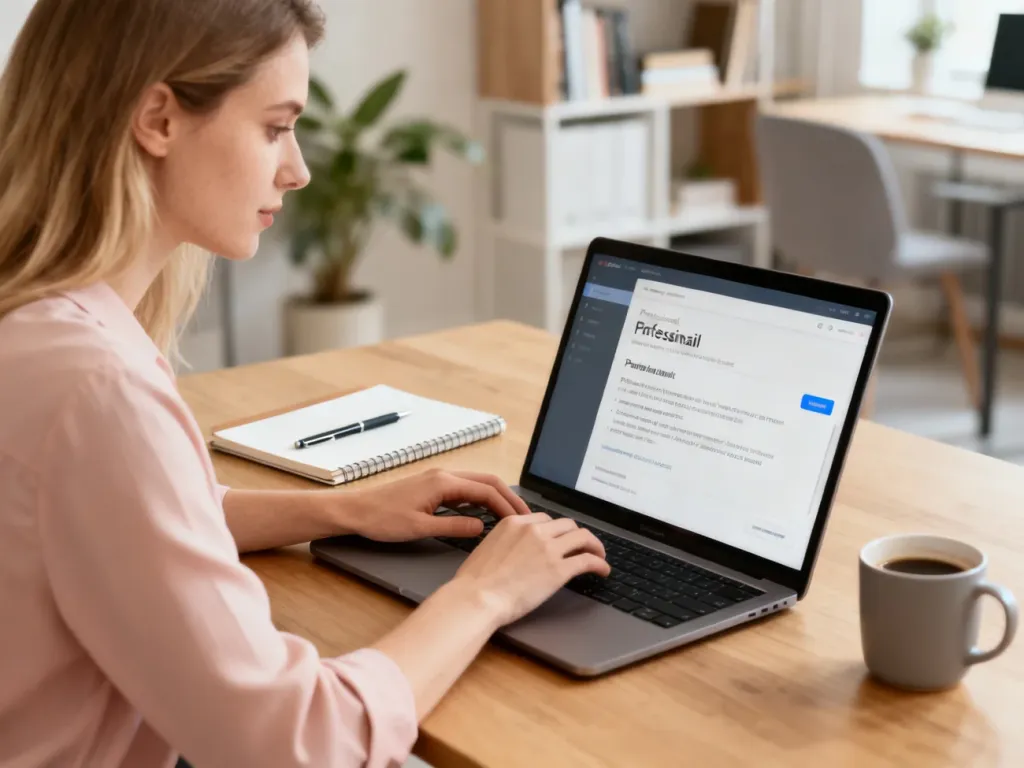 Kobieta pisze profesjonalny email na laptopie przy uporządkowanym biurku w domowym biurze, obok notes i kubek kawy. no text on the picture